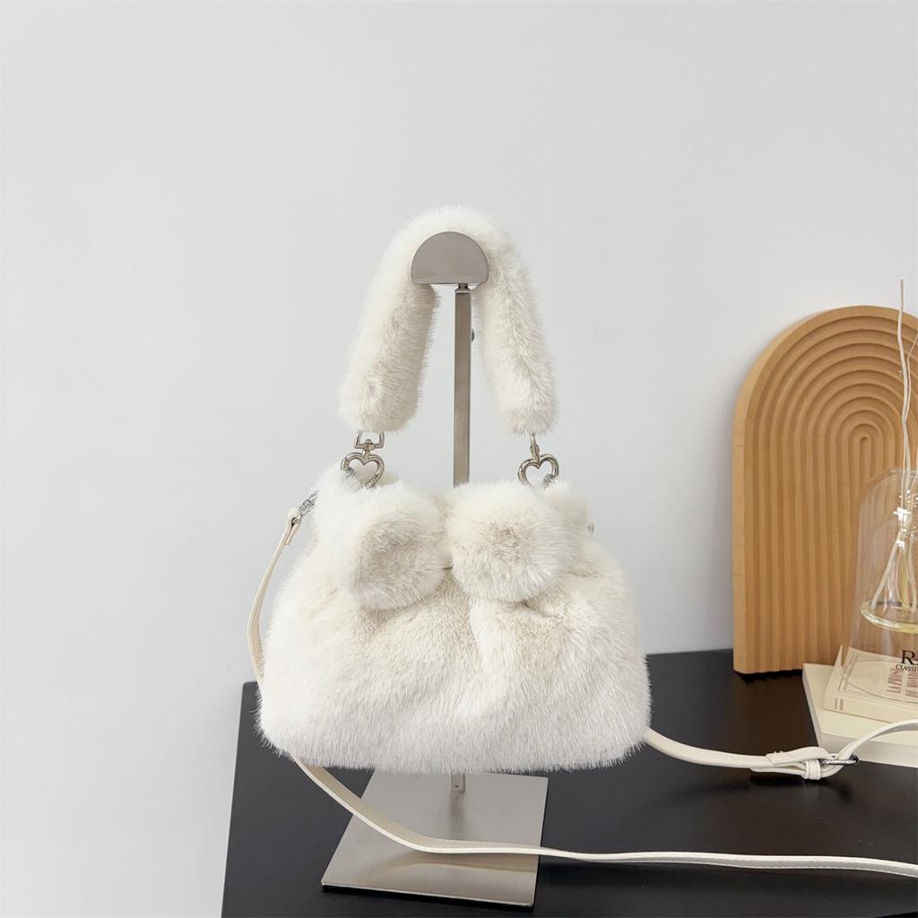 Cute Ball Faux Fur Shoulder Bags for Women Winter Furry Bowknot Bucket Crossbody Bag Solid Color Female Soft Plush Handbags