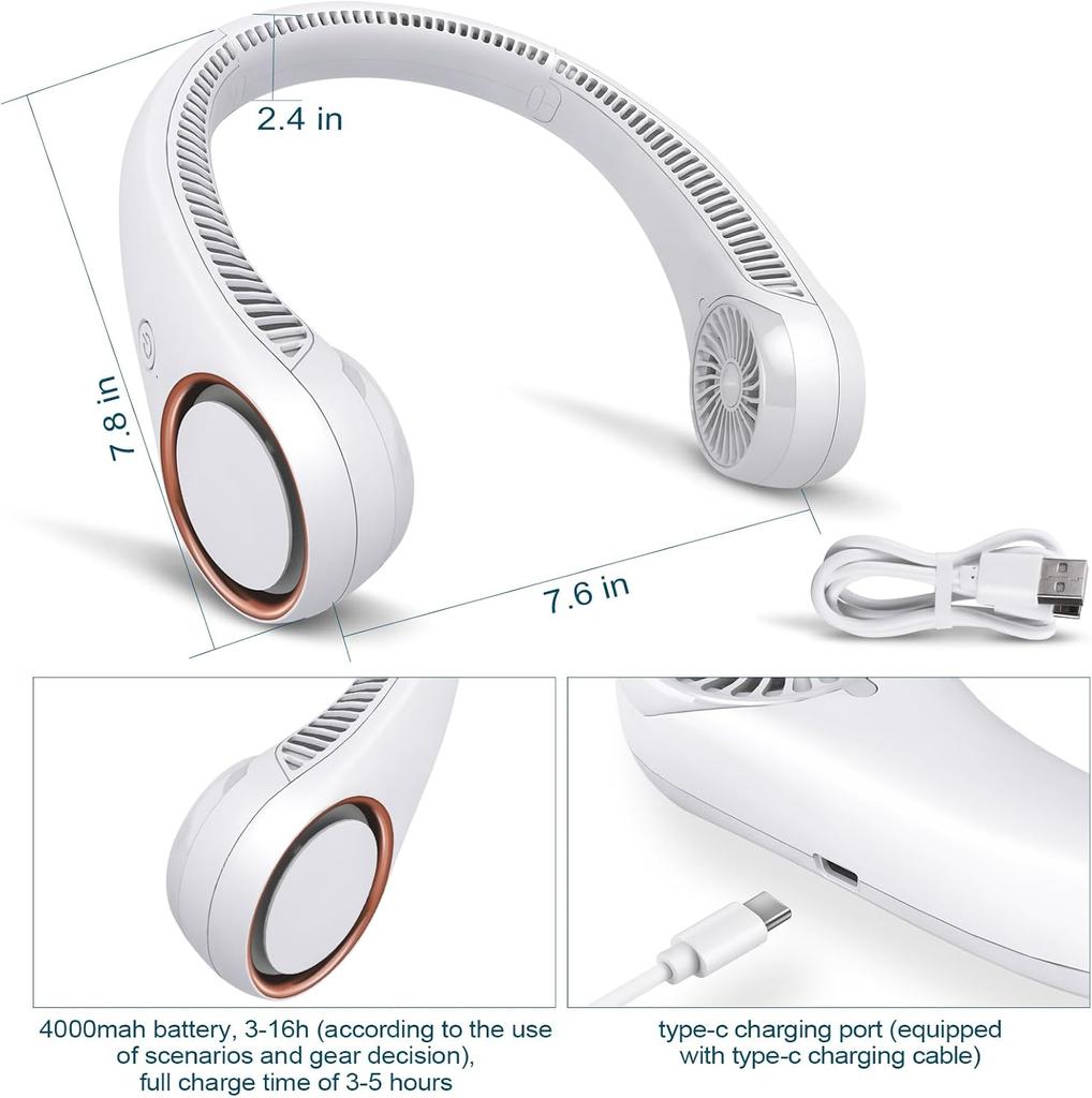 Portable Personal Neck Cooling Rechargeable Bladeless Fan - Hands Free 3 Speed 4000 mAh Battery USB Operated Wearable Headphone Design