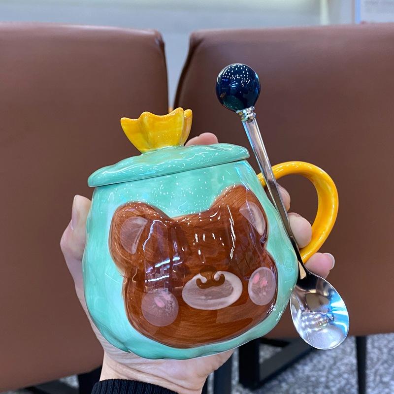 Cute Rainbow Unicorn Ceramic Thread Mug with Lid Spoon Girl Heart Drinking Water Cup Office Coffee Cup