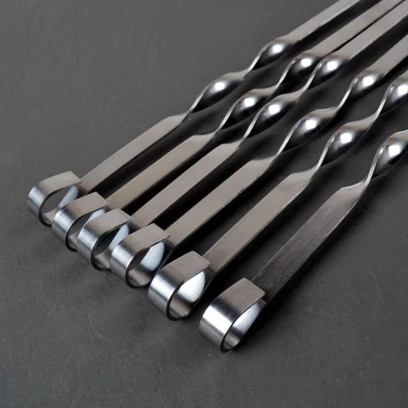 Flat Skewers Long Wood Handle BBQ Skewer 55cm Shish Kebab Barbecue Grill Sticks Stainless Steel Outdoors Grill Needle BBQ Forks