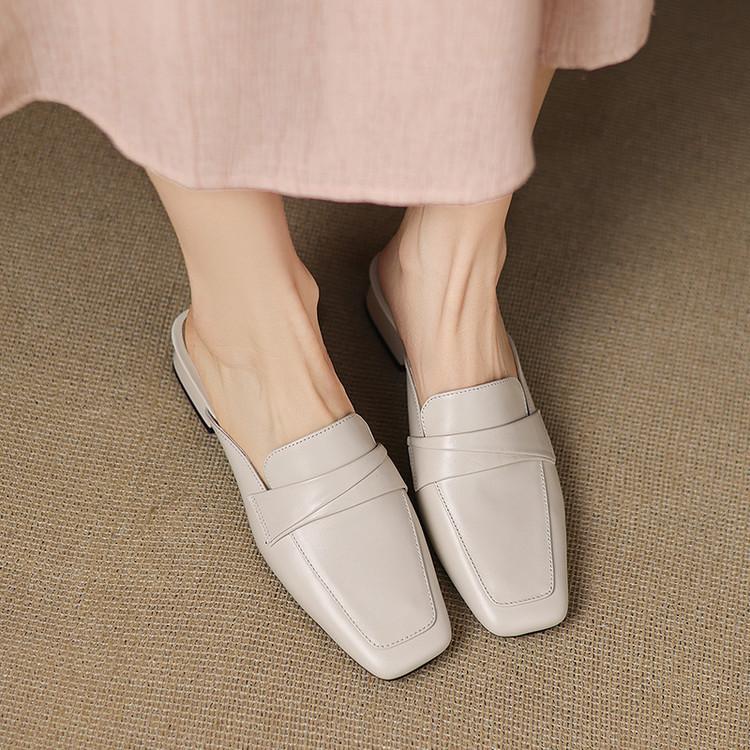 Low-heeled baotou half slippers genuine leather women's summer wear 2025 new Internet celebrity European French Muller cool slippers