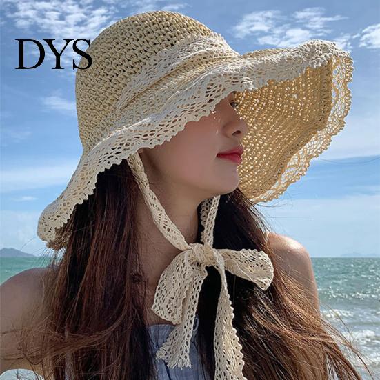 Straw Hat Lace Trim Tied Up Round Dome Sun Women Big Brim Floppy Fashion Accessories