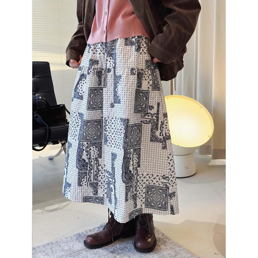Louvre Winter Japanese Retro Paisley Patchwork Elastic Waist Long Skirt for Women
