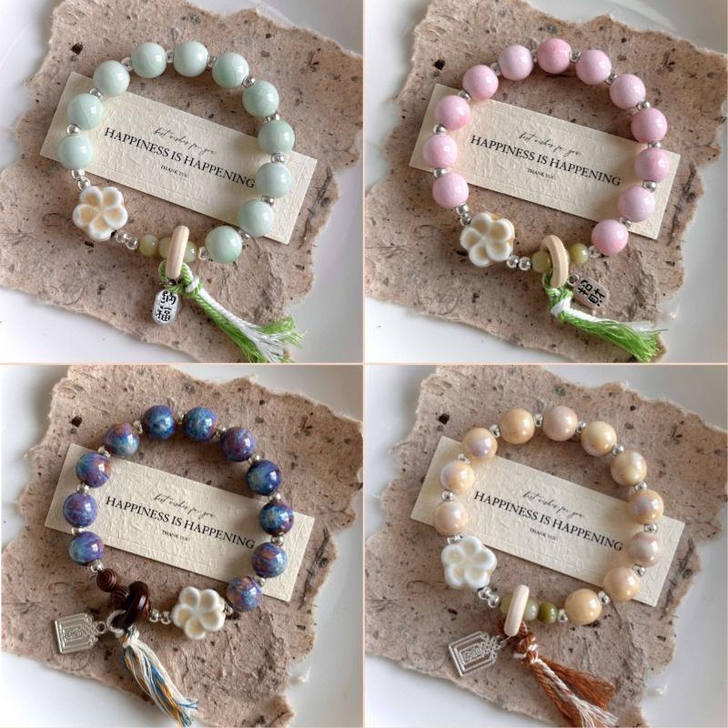 Boho Keramik Perlen Armband für Damen Zartrosa Rund mit Marmor Quadratischen Perlen, Elastisches Dehnbares Design für den Alltag & Geschenk