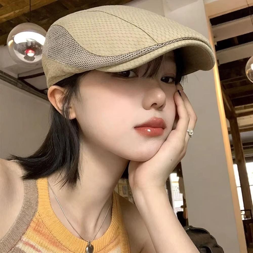 Vintage Solid Color Newsboy Caps Sun Protection Mesh Breathable Beret Hats Adjustable Peaked Hat Women