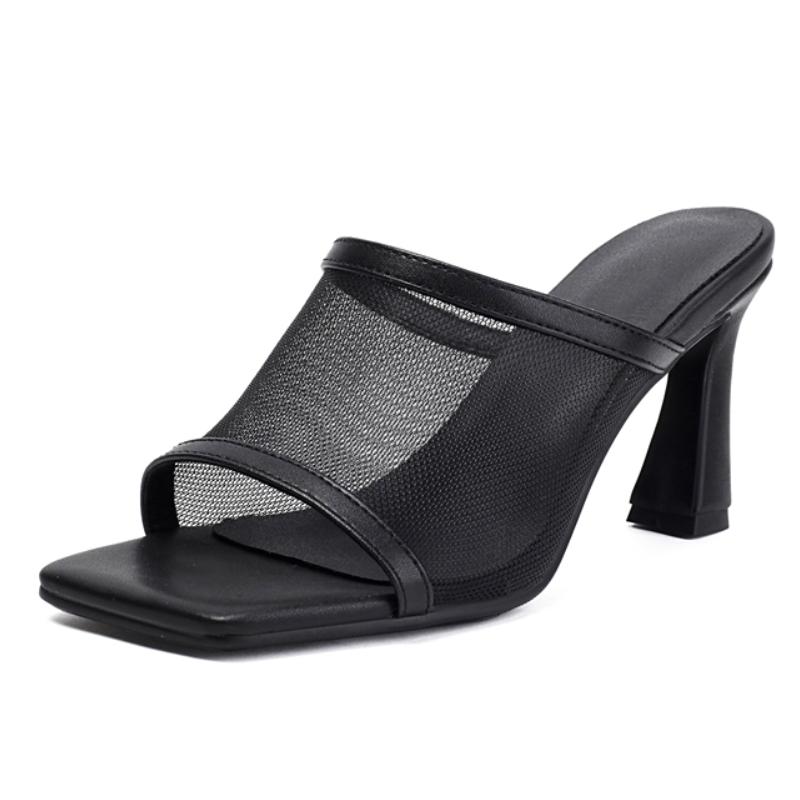 

Летние тапочки Женские туфли-мюли на высоком каблуке Модные черные абрикосовые сетчатые шлепанцы Сандалии с открытым носком для женщин Дышащие Большого размера 39 чёрный