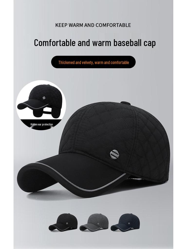 Men's Winter Herringbone Windproof Earflap Baseball Cap - Adjustable, Warm, Casual Cotton Hat for Middle-Aged and Elderly