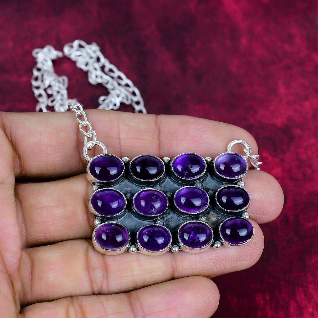 Amethyst Handmade Gemstone Necklace, 925 Solid Sterling Silver Necklace Antique Jewelry, For Engagement Gift