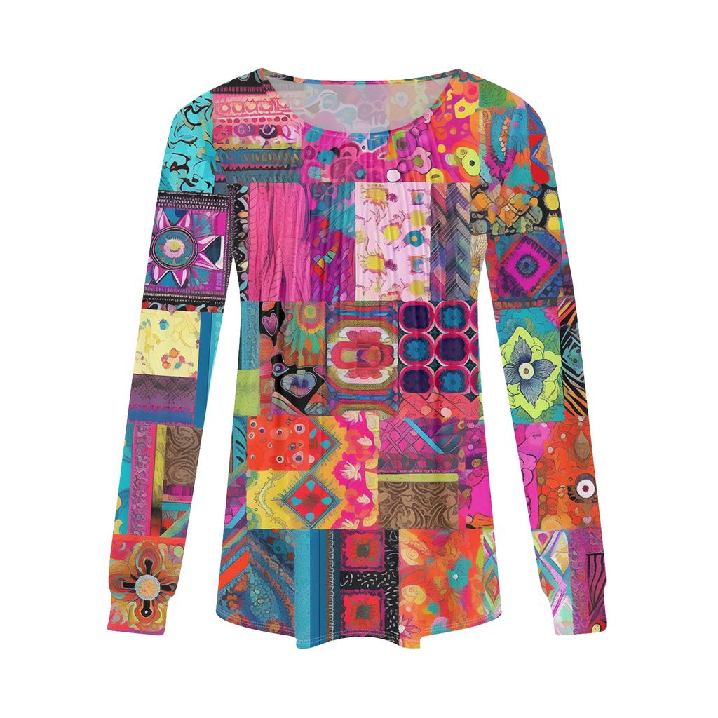 Women's Fashion Casual Pleated Round Neck Vintage Floral Print Long Sleeve T,Shirt Top