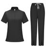 Women's Short Sleeved Solid Color High Collar Pocket Top Pants Work Clothes Two Piece Set