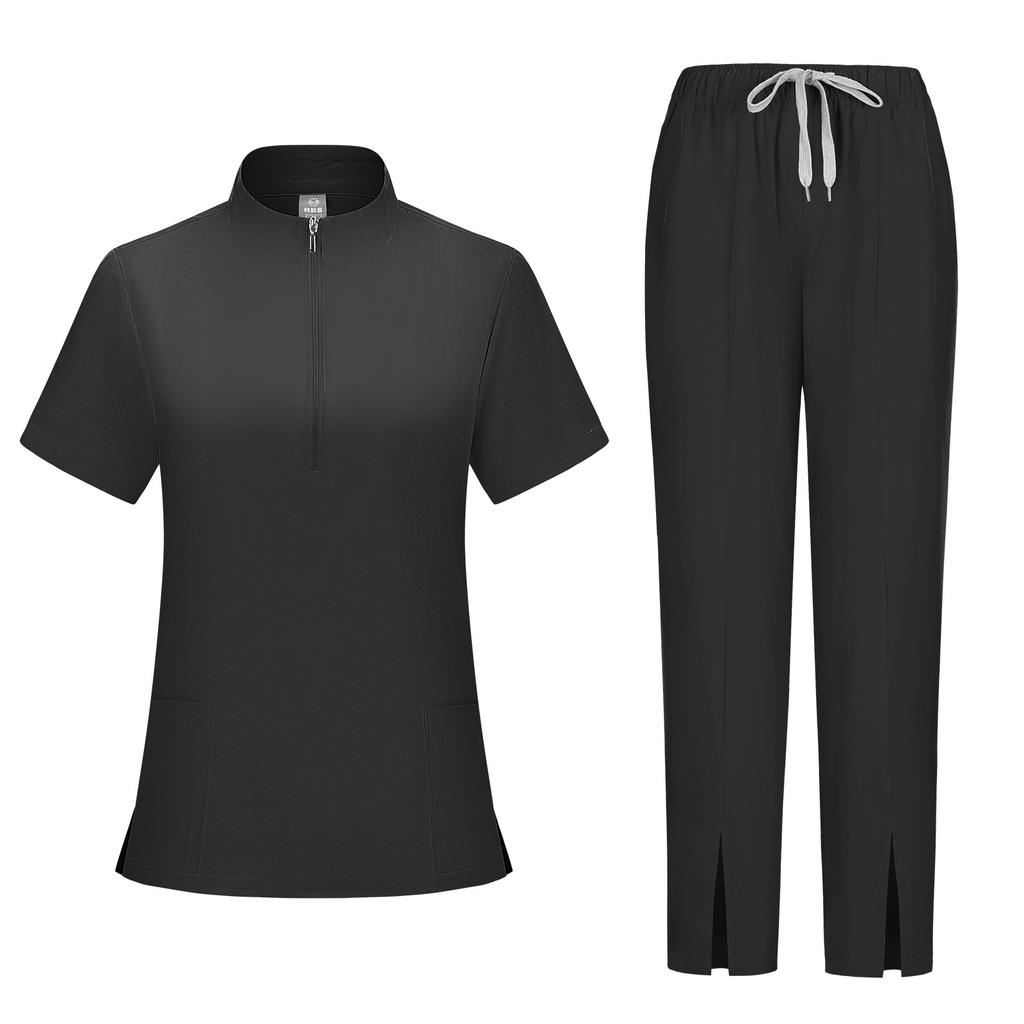 Women's Short Sleeved Solid Color High Collar Pocket Top Pants Work Clothes Two Piece Set
