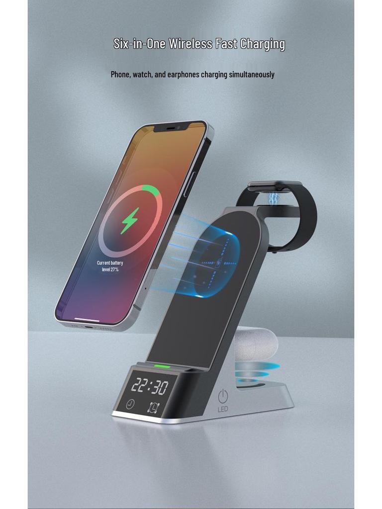 4-in-1 Wireless Charging Station with Clock for Apple Watch, Earphones, and Phone