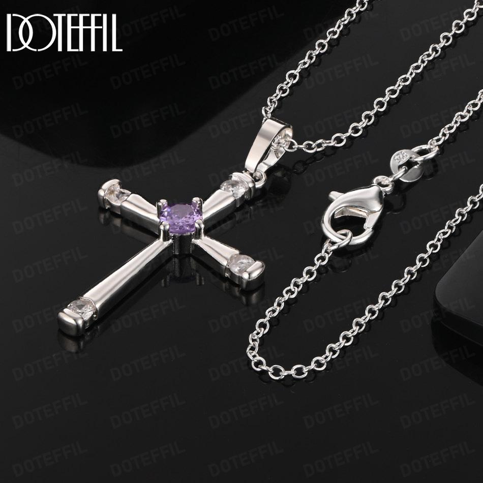 925 Sterling Silver Fashion Necklace With Purple AAA Zircon Cross Pendant Jewelry