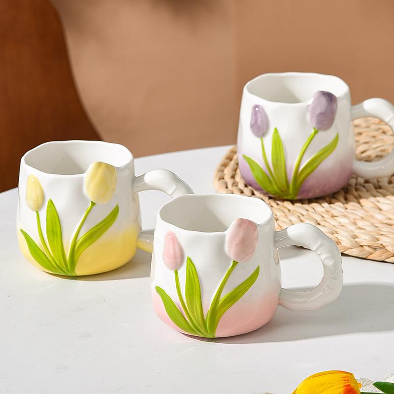 Hand Painted Ceramic Cup Three Dimensional Relief Cup Tulip Cup Flowers Mug with Handle Bestie Cup Souvenir