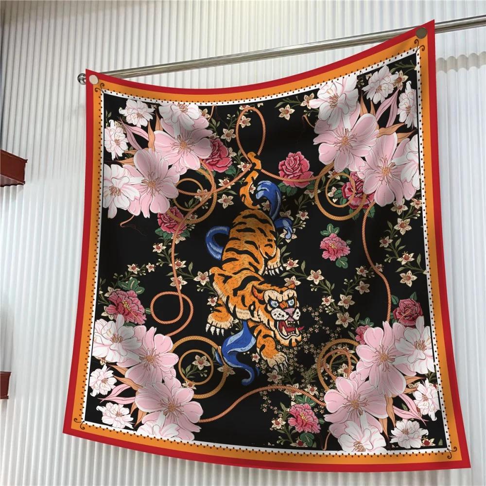 Silk Scarf Women Floral Printed Square Scarves Head Echarpes Silk Foulards Femme Wraps Beach Shawls Bandana Lady Hijabs 90CM