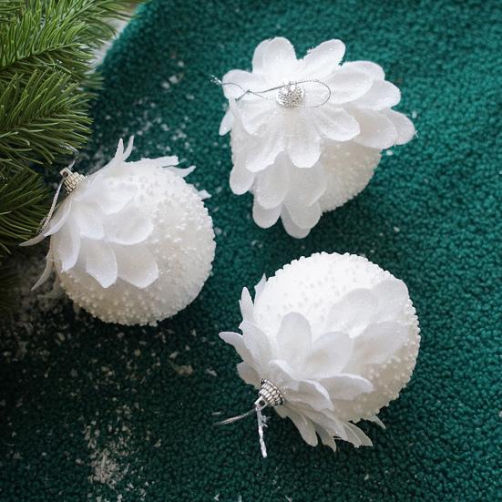 2/3Pcs White Christmas Ball Ornaments Glitter Flower Foam Ball Decoration Xmas Tree Hanging Pendant for Holiday Party Wedding Home Decor