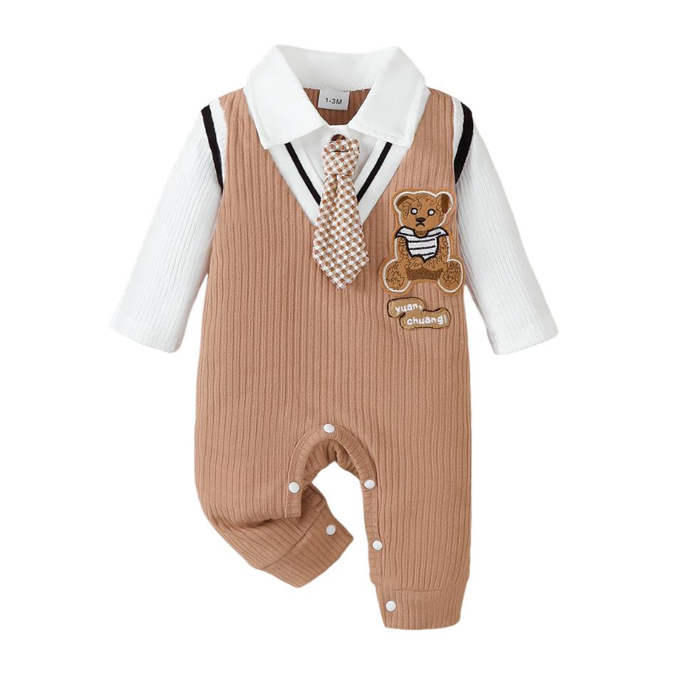 Babyjongen Kleine Meneer Jumpsuit Cartoon Teddybeer Lange mouwen Jumpsuit voor 0-18 Maanden Babyjongens Verjaardagsfeest Kostuums
