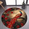 Round Red Peacock and Rose Print Rug Non-slip Floor Mat for Living Room Bedroom Vanity Area Home Decoration