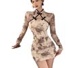 Spring Floral Pleated Qipao-Style Hollow Button-Up Dress - Slim Fit, Sexy, Short, and Hip-Hugging for Women