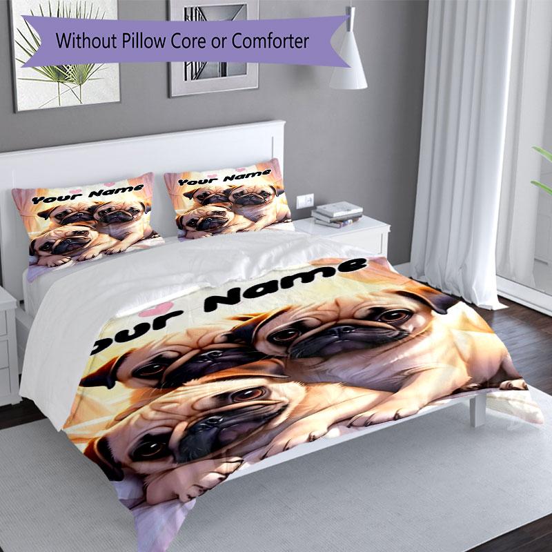 3PC Custom Name Pug Dogs Heart Background Bedding Set Printed Bedding Set Duvet Cover Closure Includes 1 Duvet Cover & 2 Pillowcases for All Seasons B