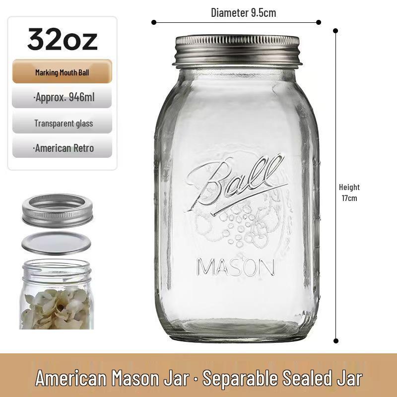 Retro Mason Glass Storage Jar with Lid - Food Grade Transparent Kitchen Container