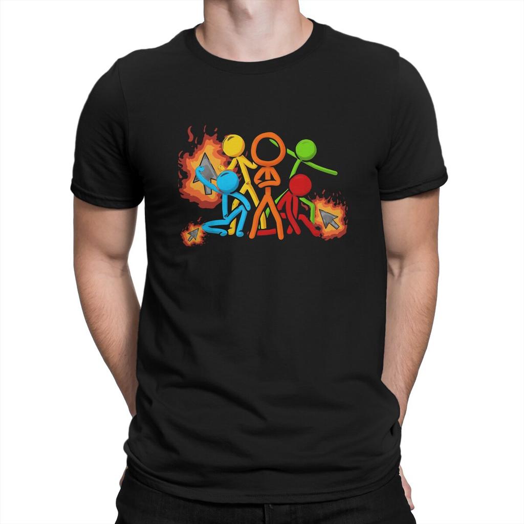 Five Stick Figures with Fire Mouse Pickaxe Unique TShirt Alan Becker Game Casual T Shirt Hot Sale Tshirt For Men Women