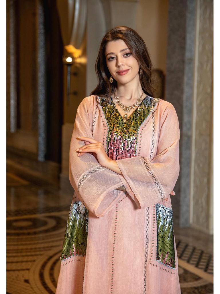 Dubai Sequin Embellished Jalabiya - Eid Muslim Women's Long Robe