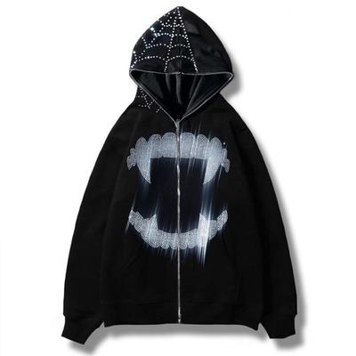 Hanorac supradimensionat cu fermoar și strasuri din pânză de păianjen Y2K, hanorac cu glugă, toamnă, gotic, bărbați, femei, grunge, îmbrăcăminte de stradă, îmbrăcăminte Y2K