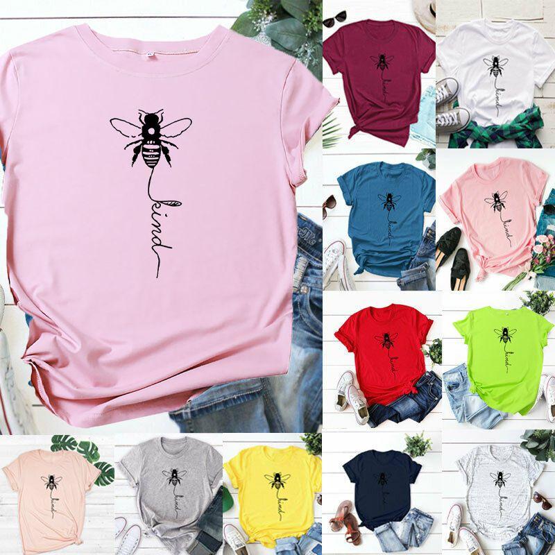 Camisetas de cuello redondo con estampado de abejas para mujer, confeccionadas con suave tejido de algodón para mayor comodidad