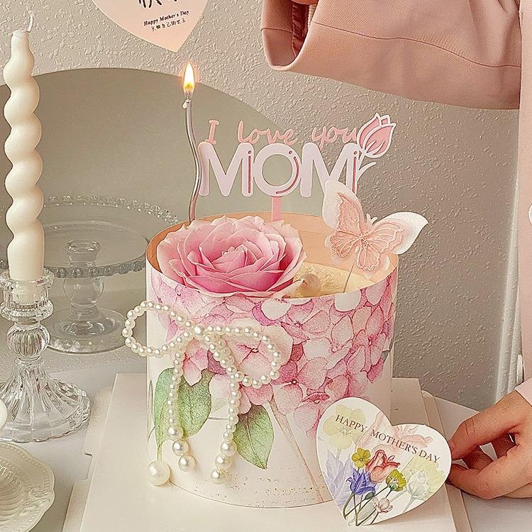 

Mother s Day Floral Cake Decoration with Pearl Bow Retro Print Edging