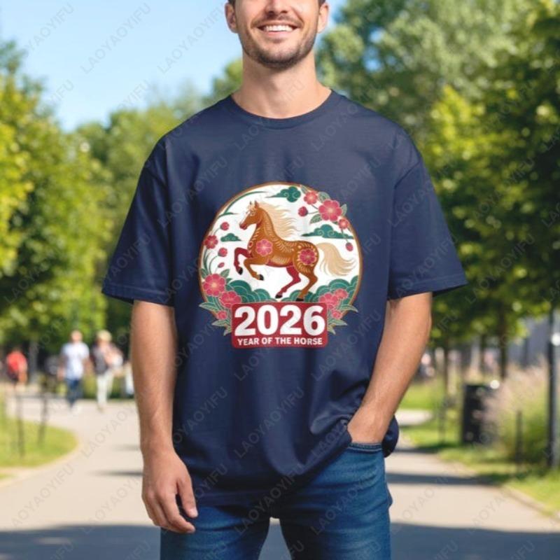 

Year Of The Horse 2026 Unisex Cotton TShirt Floral Artistic Chinese Zodiac Graphic Oneck Printed Tops Ropa Mujer Women Clothes S