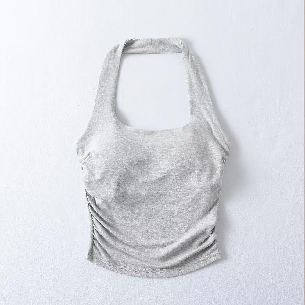 

Стильный женский укороченный топ-майка халтер с подкладкой YPFF - Без спины, со сборками, слим-фит One Size светло-серый