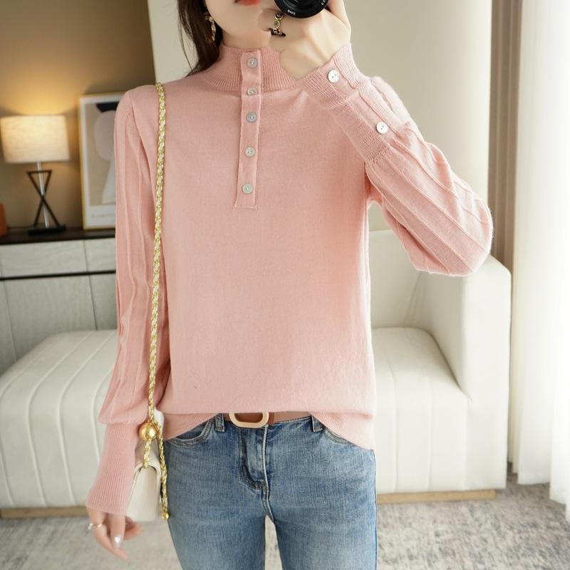 

Autumn and winter new semi-turtleneck buckle women s long-sleeved knitted sweater fashionable versatile pullover sweater base S