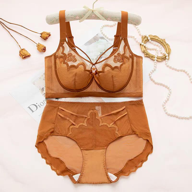 Sexy 3D Embroidered Lace Shell Cup Bra Set for Side Breast Enhancement and Smaller Busts