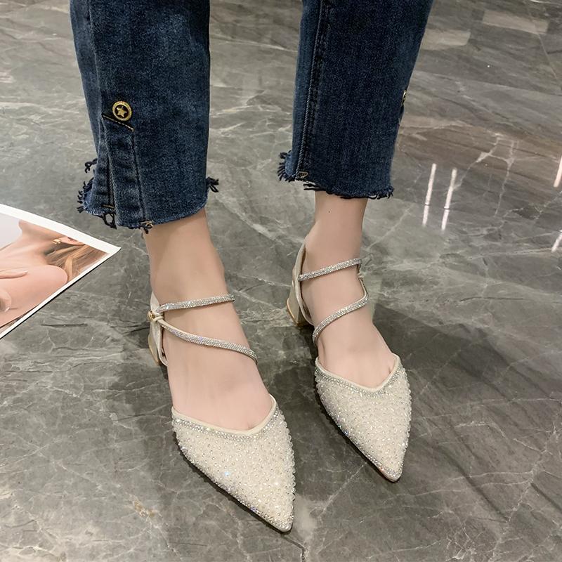 Modă 2025 Nouă Modă Linie Ascuțită cu Pantofi cu Toc Gros, Sandale cu Toc Mediu Baotou Moale Călduros Stil Diamant, Pantofi de Damă