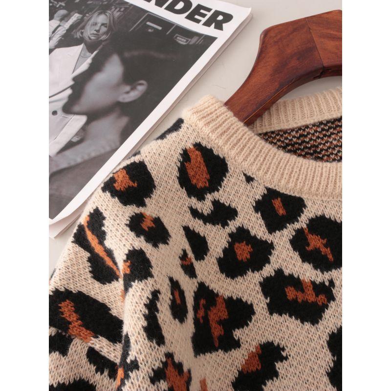 Export round Neck Leopard Print Long Sleeve Knitwear Women's Fall and Winter New Arrival Loose Thick Bottoming Shirt Tops