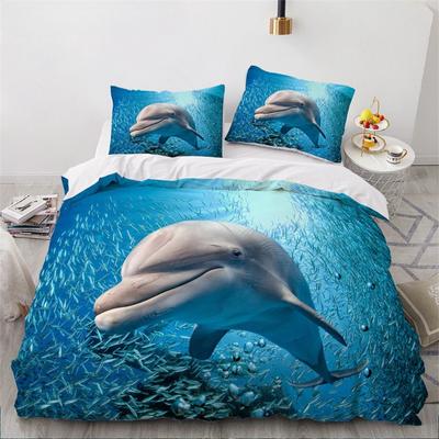 Dolphin Ocean King Queen Duvet Cover Cute 3D Sea Animal Bedding Set for Kids Teens Adults Shoal of Fish Blue 2/3pcs Quilt Cover