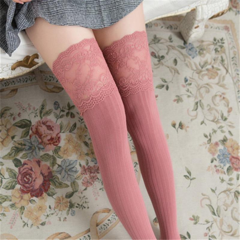 Autumn and Winter Women Lace Slim Thigh High Over The Knee Long Socks Cotton Warm Pure Color Stockings