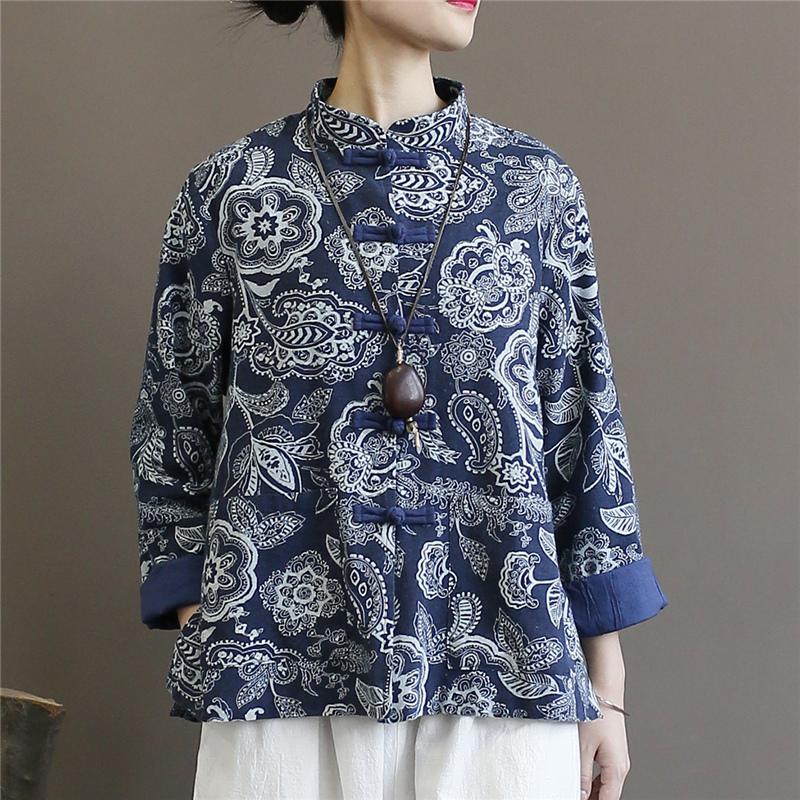 

Johnature Женские рубашки Винтажные блузки Осень Стойка Длинный рукав Пуговицы Топы Женская китайская рубашка One Size