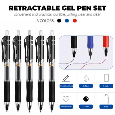 5pcs/set 0.5mm Retractable Gel Pen Black Blue Red Ball Point Pen School Office Supplies