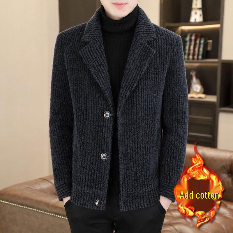 Men's Striped Mid-Length Overcoat Suit Collar Trench Coat, 2023 Autumn/Winter, Youth Plus Cotton, Thickened.