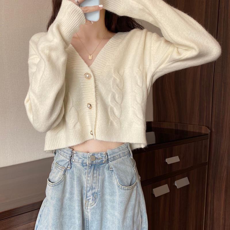 Stylish V-neck Long-sleeved Crop Top Soft And Comfortable Womens Cardigan For Autumn