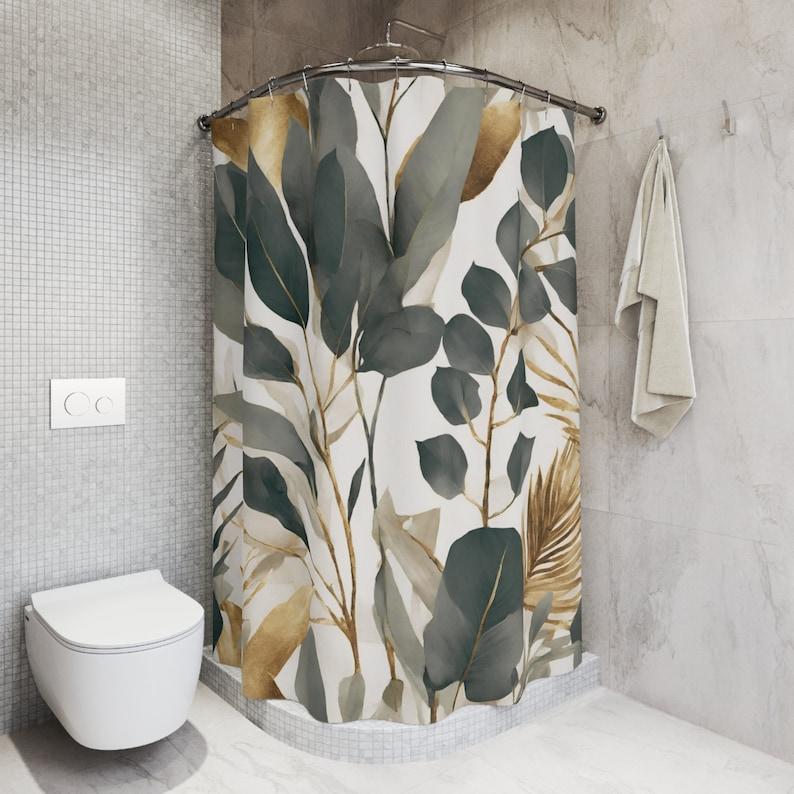 

Boho Eucalyptus Shower Curtain - White, Grey & Muted Gold Palm Leaves Design, Tropical Plant Bath Curtain W60H190(CM)-1 Pcs