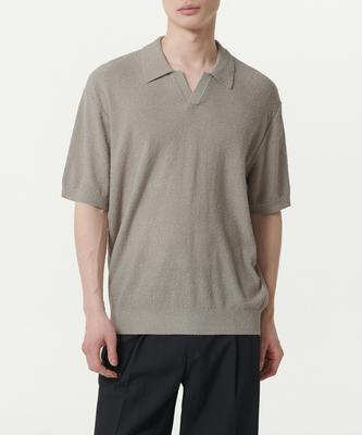 Boucle Slit Neck Knitted Polo Shirt [Light Warm Grey]