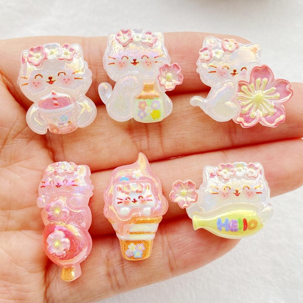 10Pcs Cute Cartoon Drink Drinks, Ice Cream, cats Flatback Resin Scrapbooking Crafts Fit Phone Case Decoration DIY Hair Bows