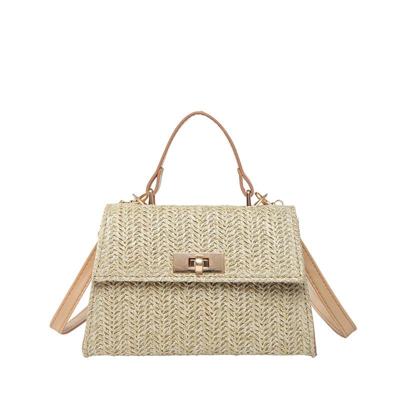 Straw Fashion Korean Version Lock 2025 Weaving Trend Summer New Simple Ins Messenger Chain Women's Small Square Bag