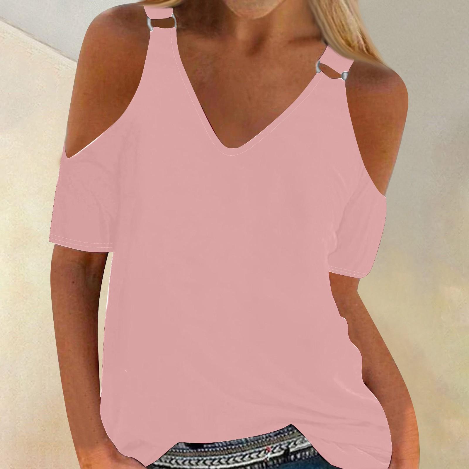 

Женская летняя однотонная свободная футболка с коротким рукавом и полым v-образным вырезом XL розовый