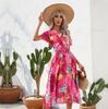 Women Floral Print Summer Dress V Neck Short Sleeve Wrinkle Free Belted