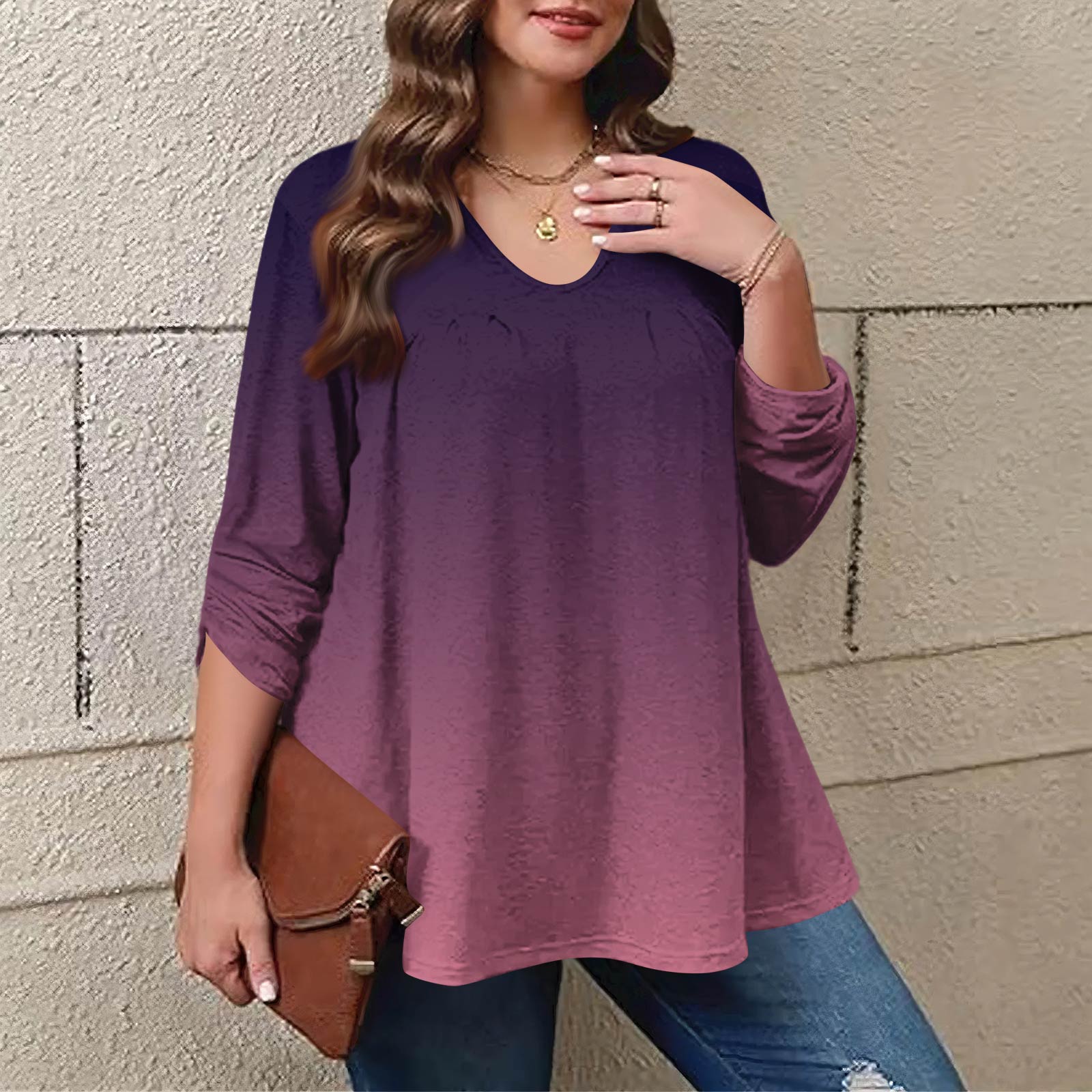 

Женский модный топ большого размера с принтом, повседневный плиссированный, с круглым вырезом и длинными рукавами XXXL