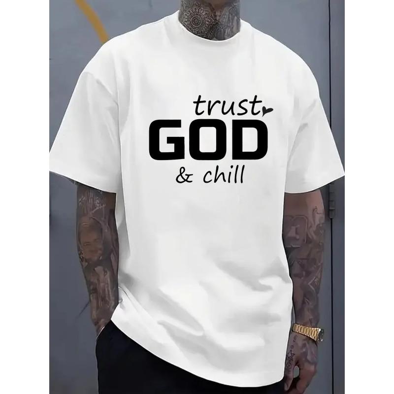 

Men S Crew Neck T-Shirt in White with Trust God & Chill Design, Featuring a Casual Style, Slightly Stretchy Fabric, Suitable for Year-Round Wear S белый